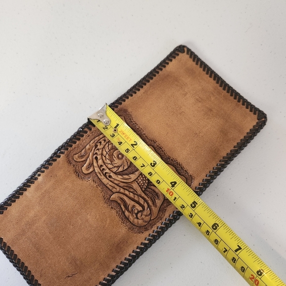 Vintage Tooled Brown Leather Wallet Mens Handmade 1970s Western Boho Cowboy 70s - Picture 6 of 6